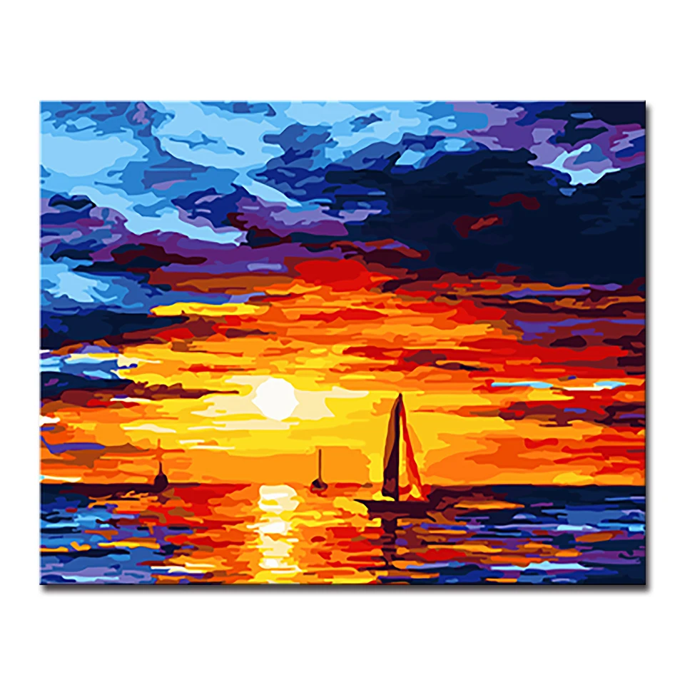 

Home Decor Abstract Coloring Seascape Painting By Numbers DIY Sunset Glow Sea Sailing Oil Pictures On Canvas Wall Art Framewor