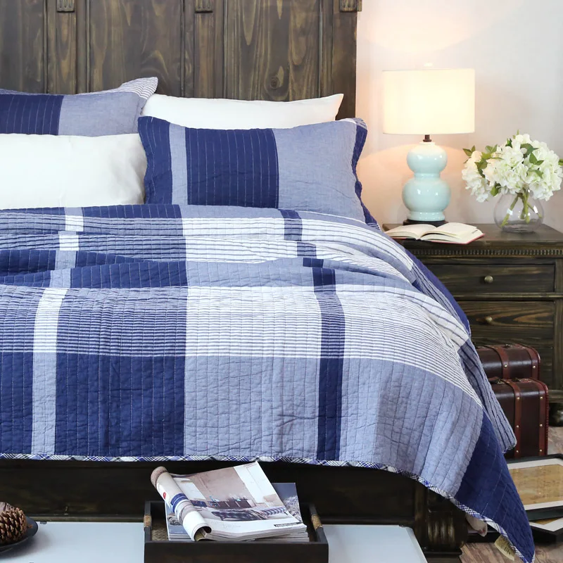 

CHAUSUB Plain Washed Cotton Quilt Set 3PCS Bed Cover Quilted Bedspread Sheets Pillowcase Coverlet King Size Summer Quilts Blue