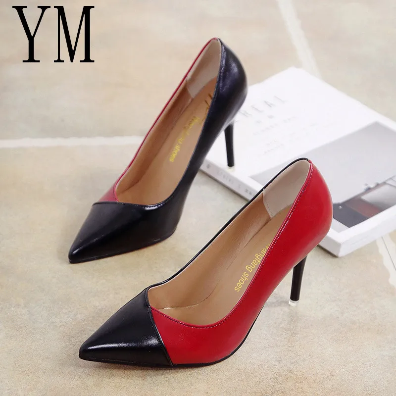 2018 Women Pumps OL Fashion Spell Color High heels Single Shoes Female Spring Summer Patent leather Wedding Party shoes Woman