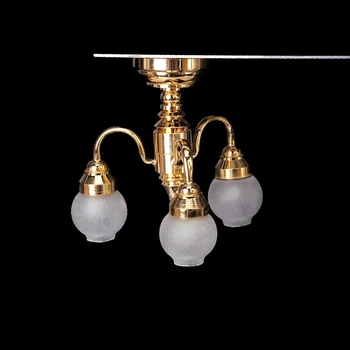 

1:12 Dollhouse Brass Chandelier 3 arm Lamp LED Ceiling Lamp Glass Shade