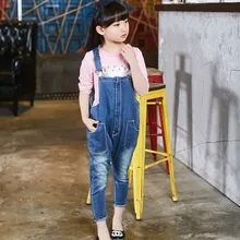 Для девочек Комбинезон От 4 до 12 лет Демисезонный джинсы джинсовые комбинезоны Повседневное комбинезон Мода Большие карманы длинные брюки