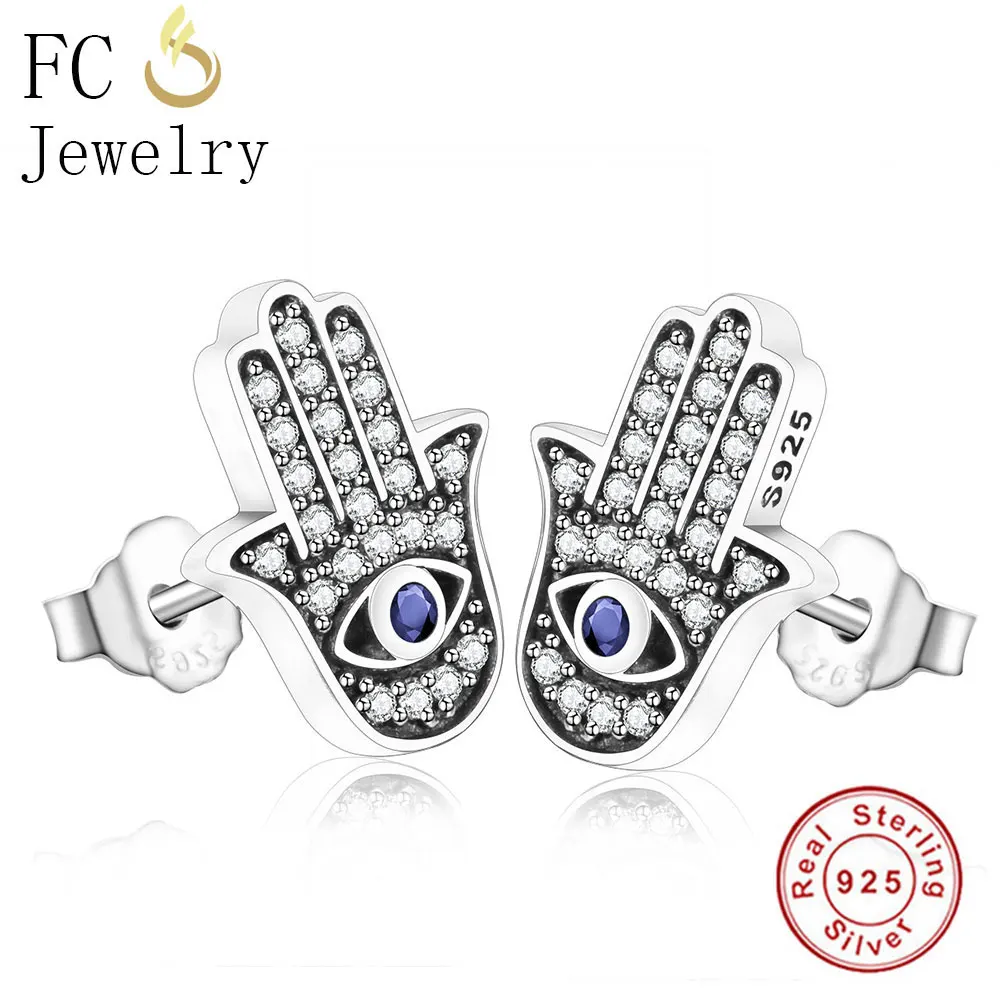 

FC Jewelry 925 Sterling Silver Simple Minimalist Fatima Hand Palm Blue Evil Eye Zirconia Crystal Stud Earrings For Women Brinco