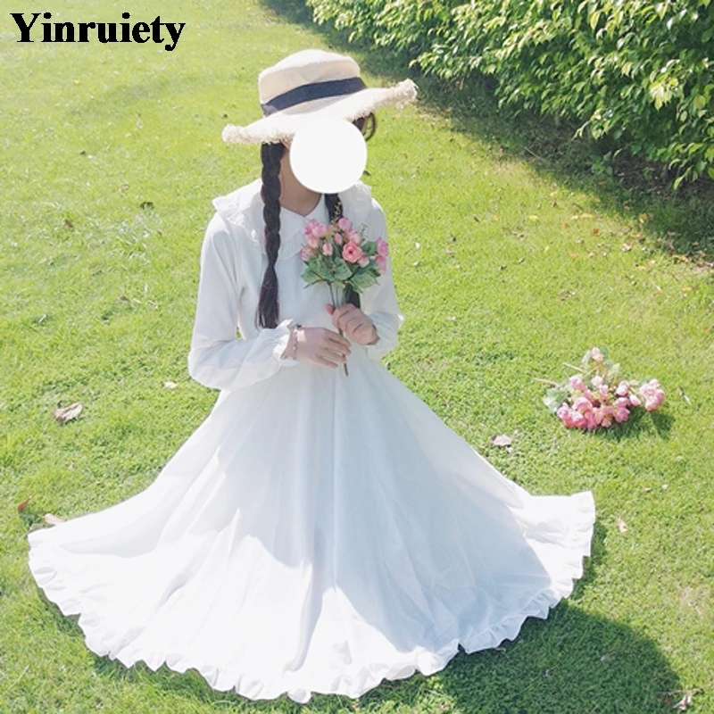 

2019 Spring Female New Korean Japanese Cute Peter Pan Collar High Waist Slim Dress Long Sleeve White Lolita Princess Dress