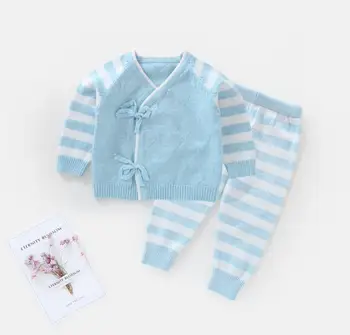 

2PCs/set Spring Autumn Unisex Baby Boys Girls Clothing Thin Wide Striped Sweater Suit Newborn Infant Girl Sweater Coat 0-6Months