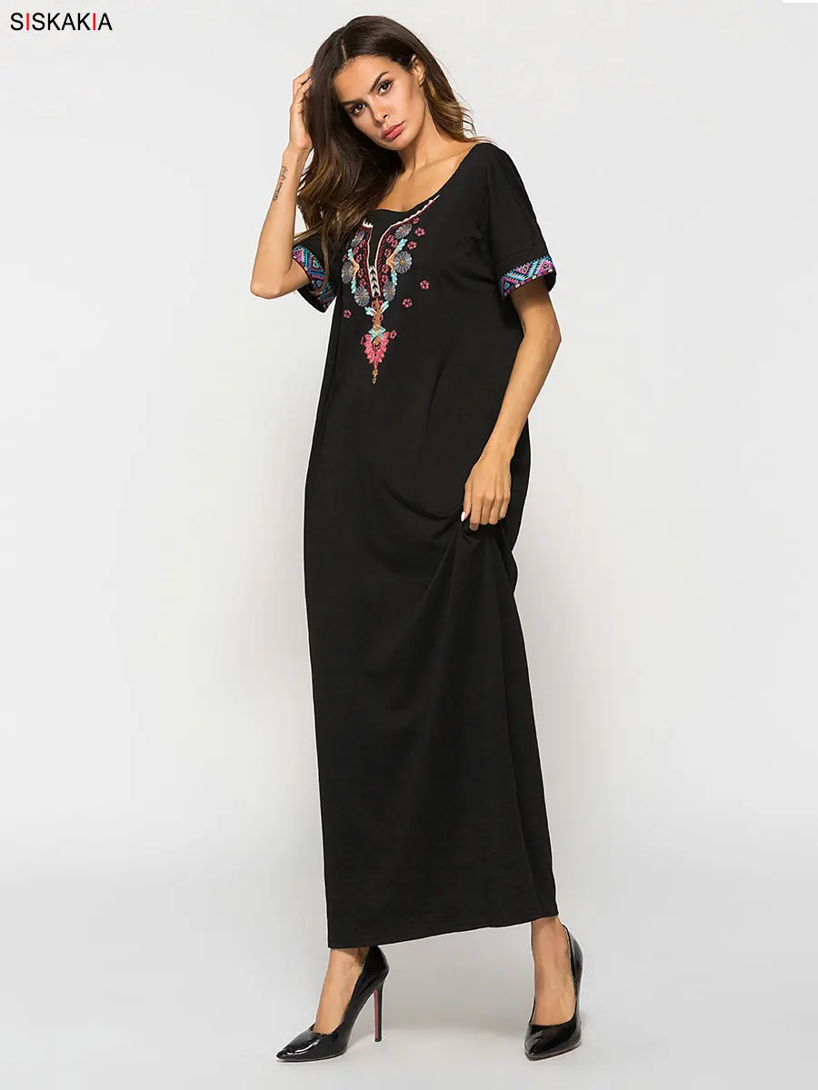 Siskakia, женское длинное платье, черное, этническая вышивка, пэтчворк, макси платья, лето, городская Повседневная футболка, платье, мусульманская одежда