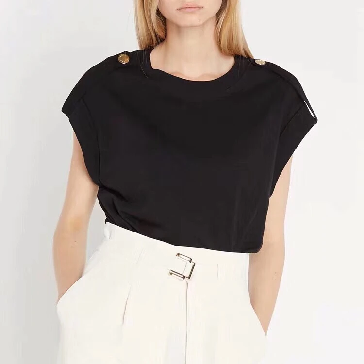 

2019 fall new loose shoulder button women casual t shirt