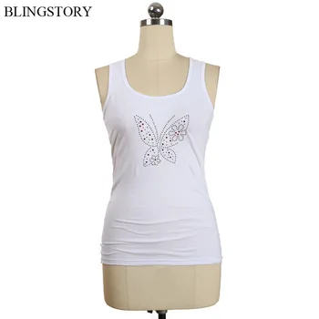 

BLINGSTORY Summer Tee Tops Sleeveless Diamond Butterfly Bead Women T-shirt S-6XL