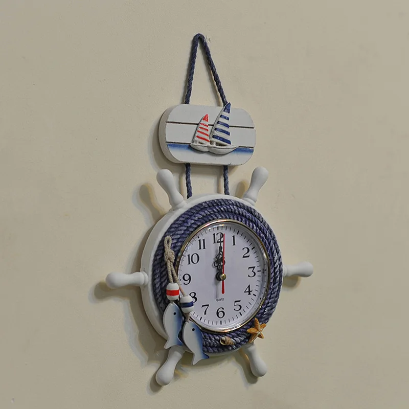 

Hot Selling Modern Design Mediterranean Home Furnishing Crafts Rudder Wooden Wall Clock Lager 23*3*32cm Room Decor Gift