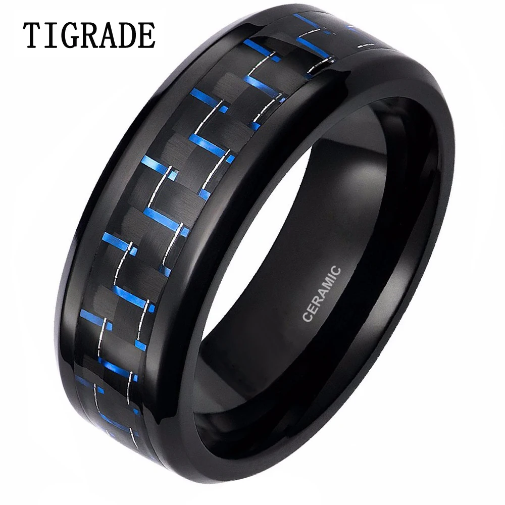 

Men Black 8mm Ceramic Ring Blue Carbon Fiber Inlay Wedding Band Engagement Jewelry Cool Rings For Male bague homme bijoux