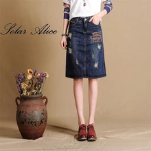 Размера плюс осенне-Летняя женская синяя джинсовая юбка с дырками и надписями для девочек прямая одношаговая юбка до колен