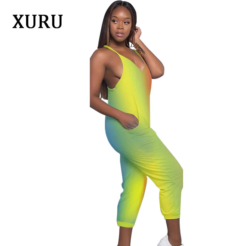 XURU Women Strap Sexy Jumpsuits 3/4 Pants Rompers Rainbow Print Sleeveless V Neck Pockets Jumpsuit Woman Comfortable Overalls Jumpsuits and Playsuits