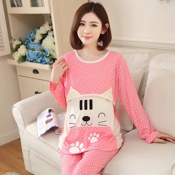

2019 Maternity Nursing Set Pajamas Cartoon Nightgown Cotton Pregnancy Breastfeeding Nightwear Tops Pants Pregnant Sleepwear