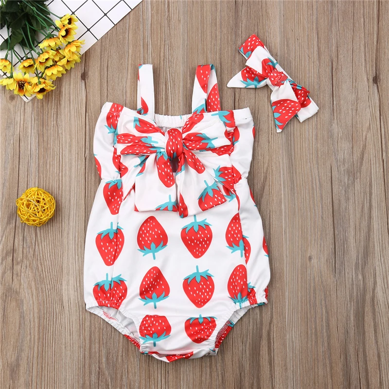 

Newborn Kid Baby Girl Clothes Bowknot Strawberry Print Romper Strappy Sleeveless Jumpsuit Cute Girl Outfits Summer 2019