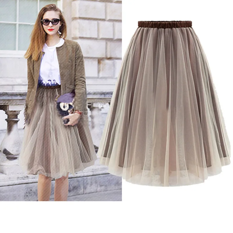 VDOGRIR New Fashion 2017 Ladies Khaki Color 2 Layer Pleated Skirt Long