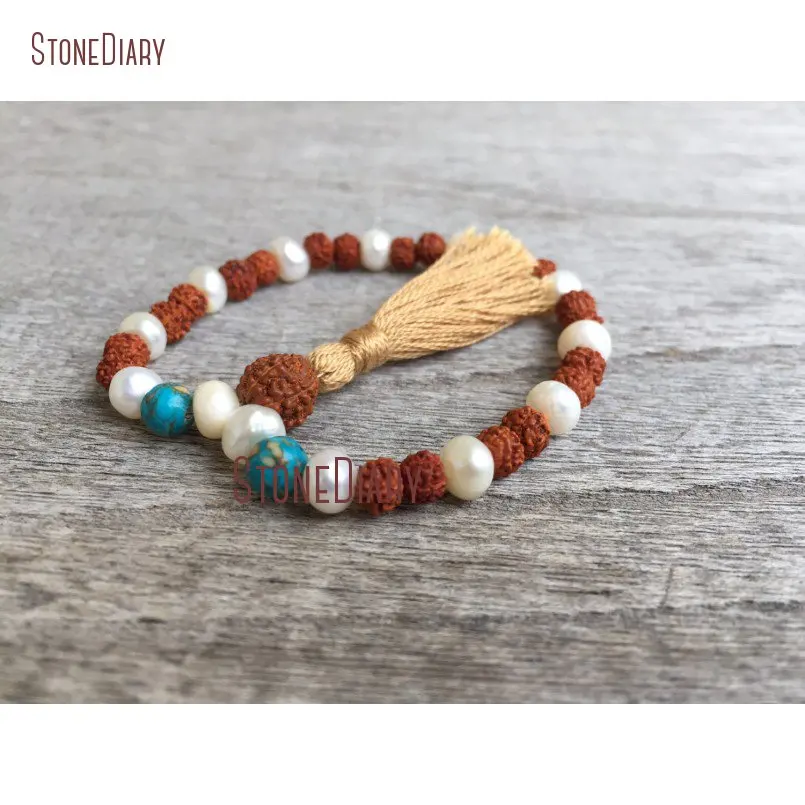 20180312-BM11047-Freshwater Pearl & Rudraksha 36 Bead Third Mala Bracelet mosaic turquoise natural japa mantra meditation prayer beads