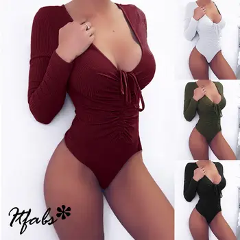 

Thefound New Ladies Womens Sexy V Neck Long Sleeve Top Plain Stretch Bardot Bodysuit Leotard