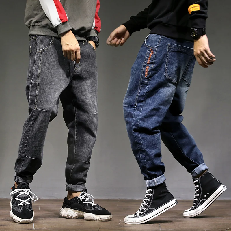 

2019 High Street Fashion Men Jeans Loose Fit Harem Pants Blue Gray Color Punk Style Hip Hop Jogger Jeans For Men Cargo Pants