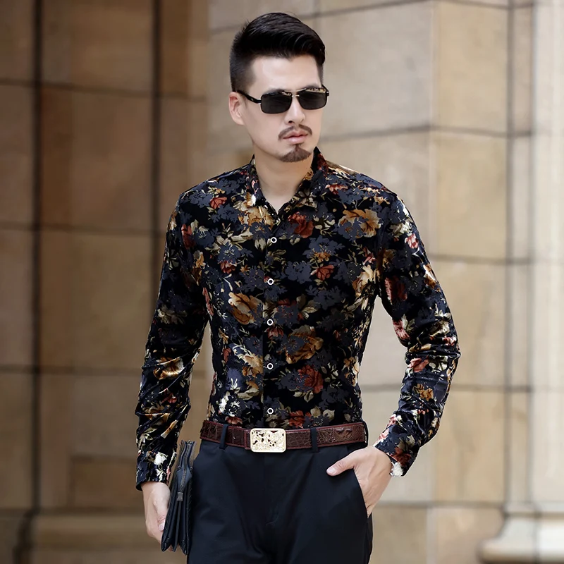Shirts for Men Long Sleeve silk golden Velvet Dress Shirt Man new hollow sexy floral velvet shirt top quality free shipping