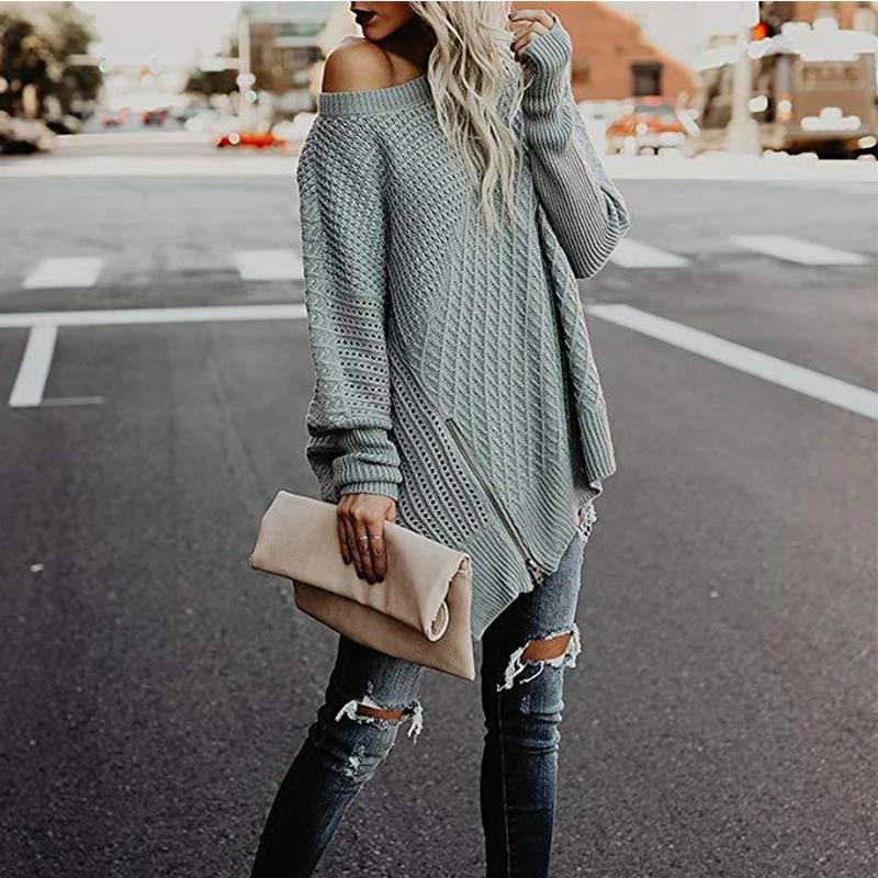 

Sexy Woman Sweater Autumn and Winter Side Split Zipper Oversized Ribbed Fluffy Sweater Knitted Off Shoulder Warm Sweater Women