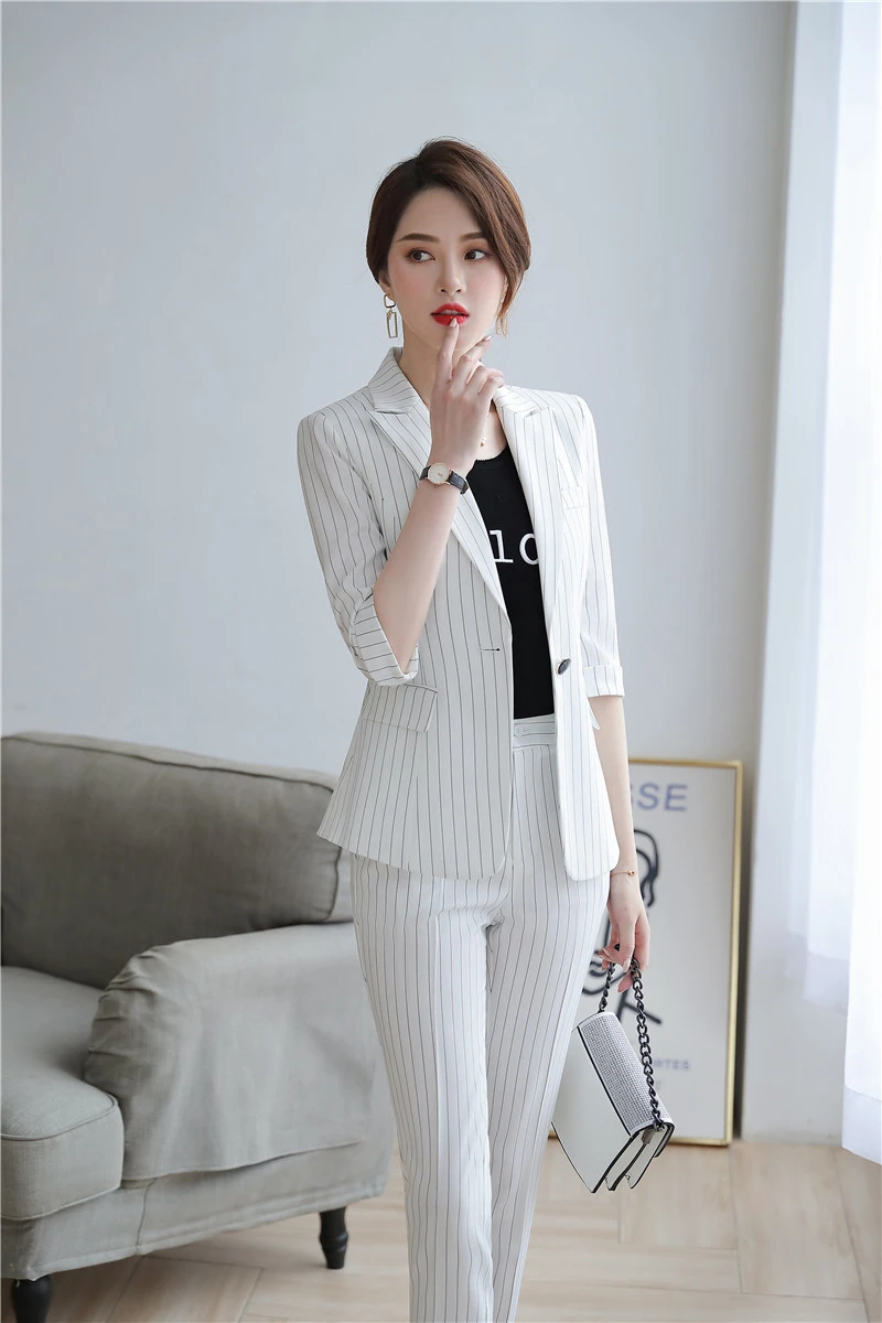 

Fashion Striped Women Formal Business Suits With Jackets and Pencil Pants OL Styles Ladies Office Work Wear Pantsuits Blazers