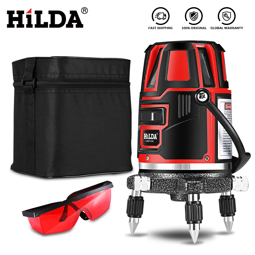 Online HILDA láser Nivel 5 líneas láser 6 puntos 360 grados rotatorio 635nm modo exterior receptor e inclinación Slash disponible línea automática