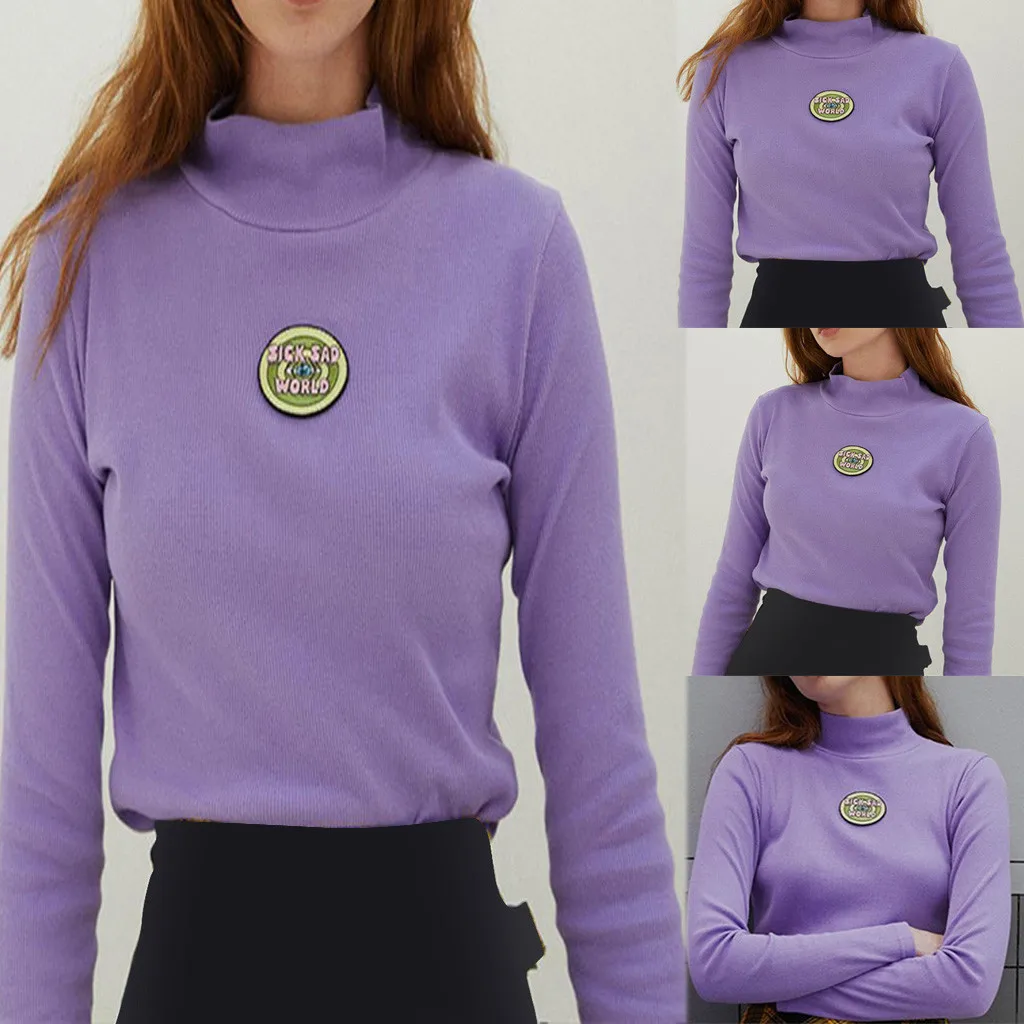 Women Harajuku sweater Letter Embroidery Turtleneck Purple jumper Long Sleeve Autumn modis Short kawaii sueter feminino#3s