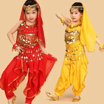 

Children belly dance clothes 6pcs(top+pants+belt+headdress+veil+Bracelets) indian clothes girls belly dance suit