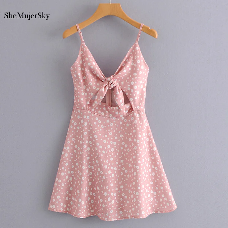 

Shemujersky Sexy Pink Backless Mini Dress Strappy Sleeveless Holiday Beach Women Dress Floral dames jurken