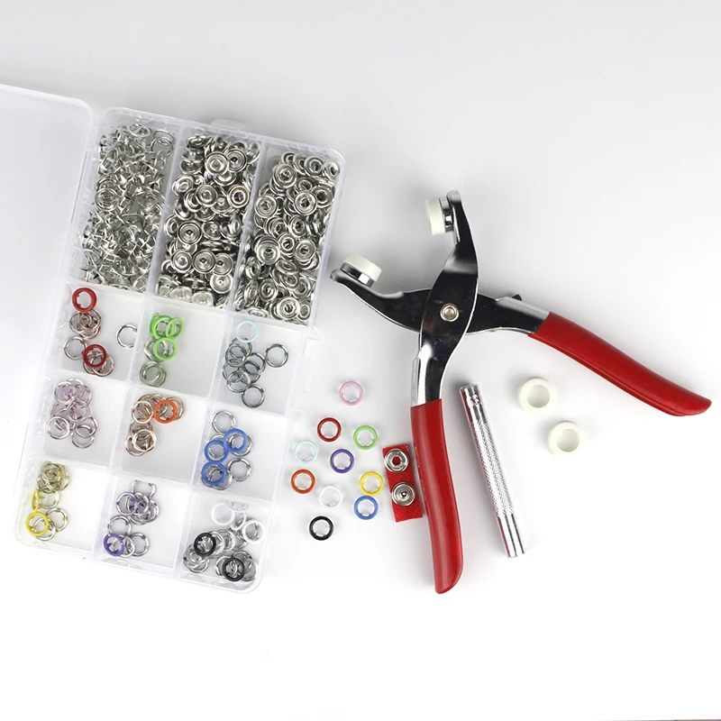 100 Sets 9.5mm metal prong ring snap fasteners/press stud no-sew baby layette suit snap buttons for clothing plier tool kit
