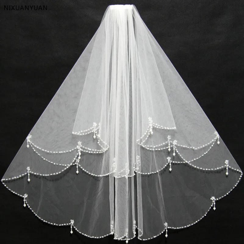 

Smiple 2 Layers Short Beaded Pearl Wedding Veil White Ivory Tulle Women Bridal Veil with Combe Wedding Accessories In Stocks