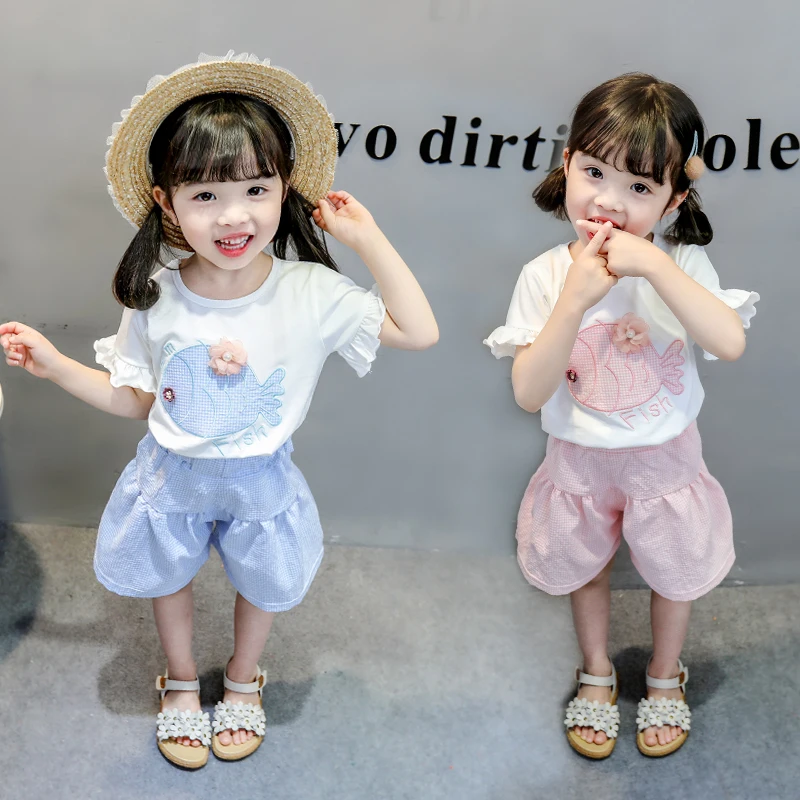 

Baby Girls Summer Cute Short Sleeve Korean Female Baby Flower Fish + Plaid Short Skirt Suit Children Clothes Set 2pcs/set