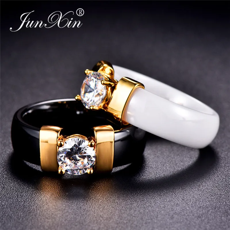 JUNXIN Female Male Black White Ceramic Rings For Couples Silver Gold Metal Round Zircon Crystal Wedding Rings For Men Women Gift
