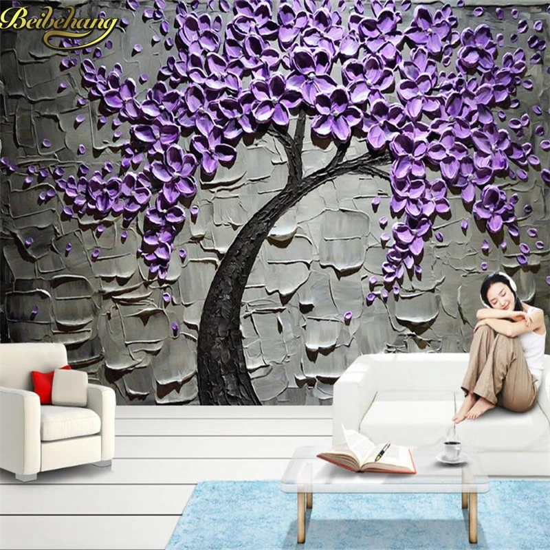 

beibehang Custom Wallpaper Mural Purple Fortune Tree Oil Painting Three - dimensional knife painting rich background wall