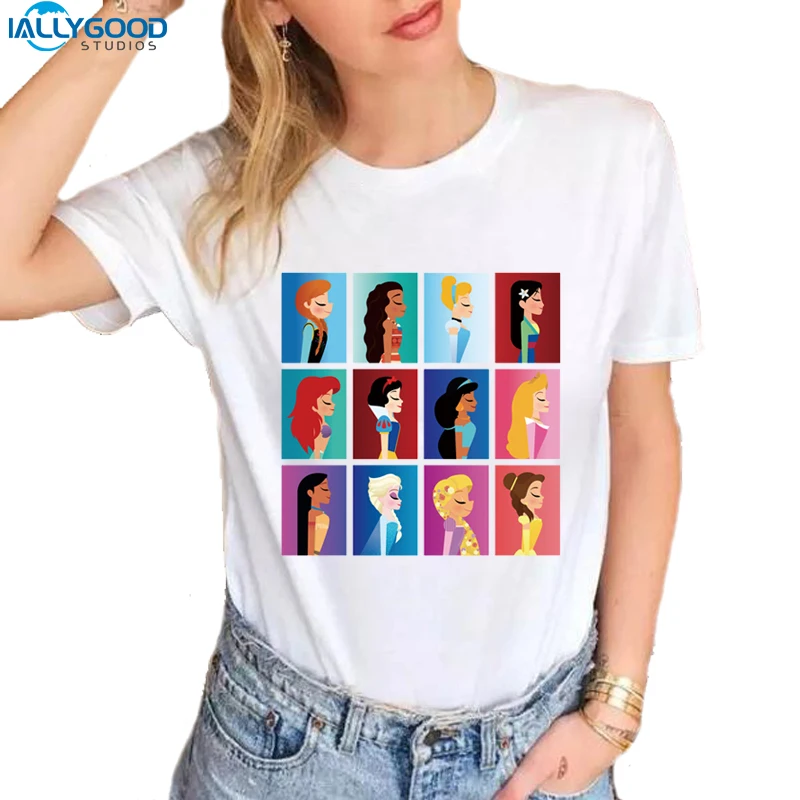 

New Harajuku Cute T-shirt Women Cartoon princess Print T shirts Slim White T shirts Casual Women Kawaii Tops