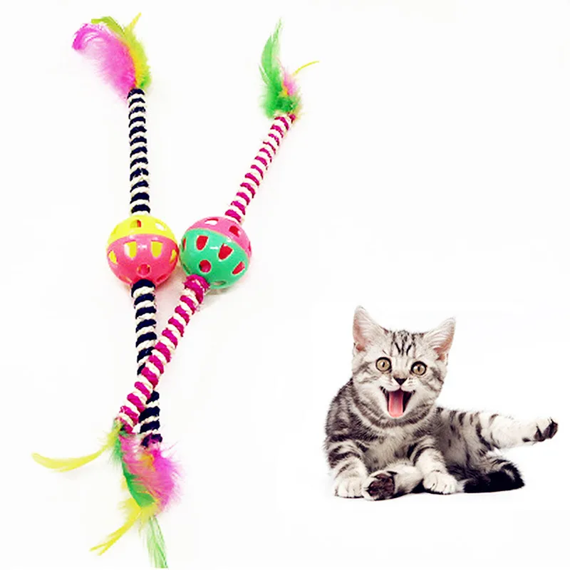Cat teaser wand feather bells toys cat teaser stick with sisal rope and