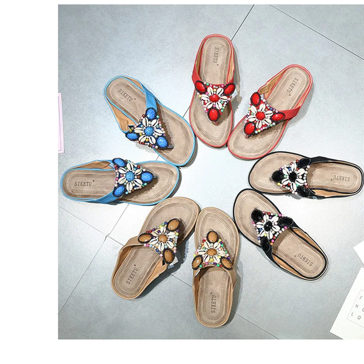LAKESHI/Летняя обувь; женские пляжные сандалии; Вьетнамки в богемном стиле, украшенные цветами и стразами; женская обувь; повседневные сандалии на плоской подошве