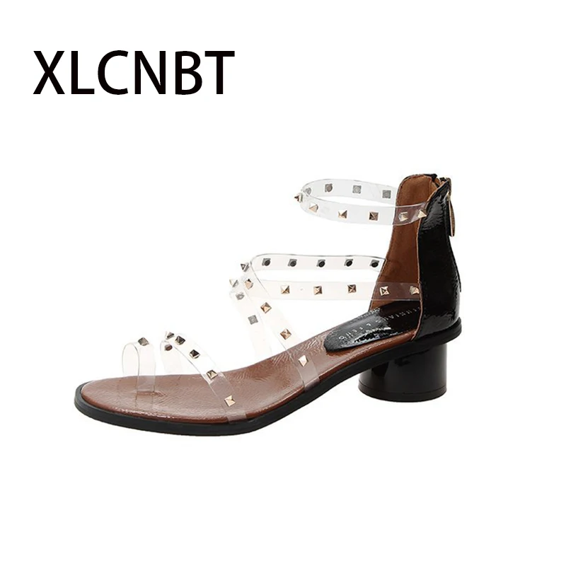 

transparent rivet sandal sexy ladies sandal 2019 summer new thick with sandals female cross straps set toe back zipper sandal