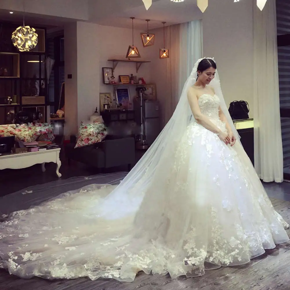 

New women white chiffon lace strapless wedding dress ball gown with trailing