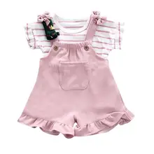 Комплект для маленьких девочек: летняя рубашка в полоску с короткими рукавами+ шорты на подтяжках