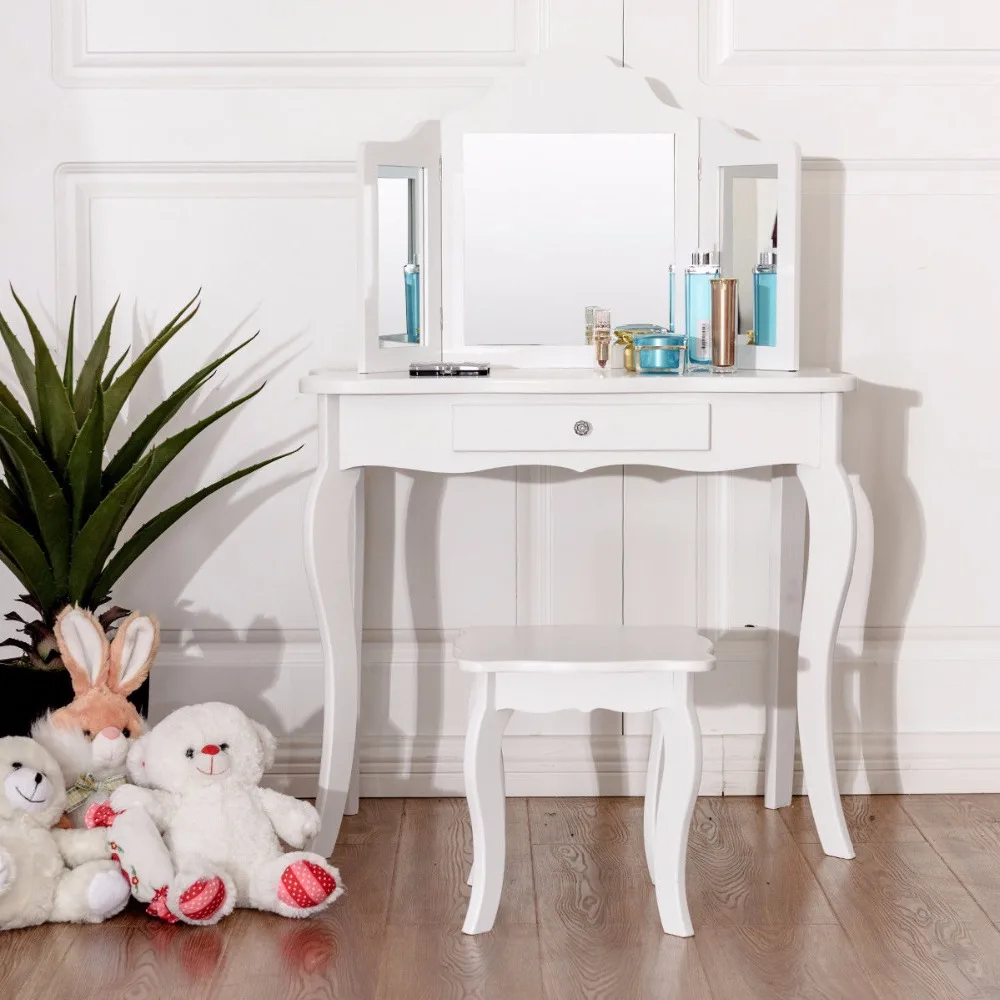 

Giantex Table Set Makeup Dressing Table Kids Girls Stool Mirror Home Furniture HW57895