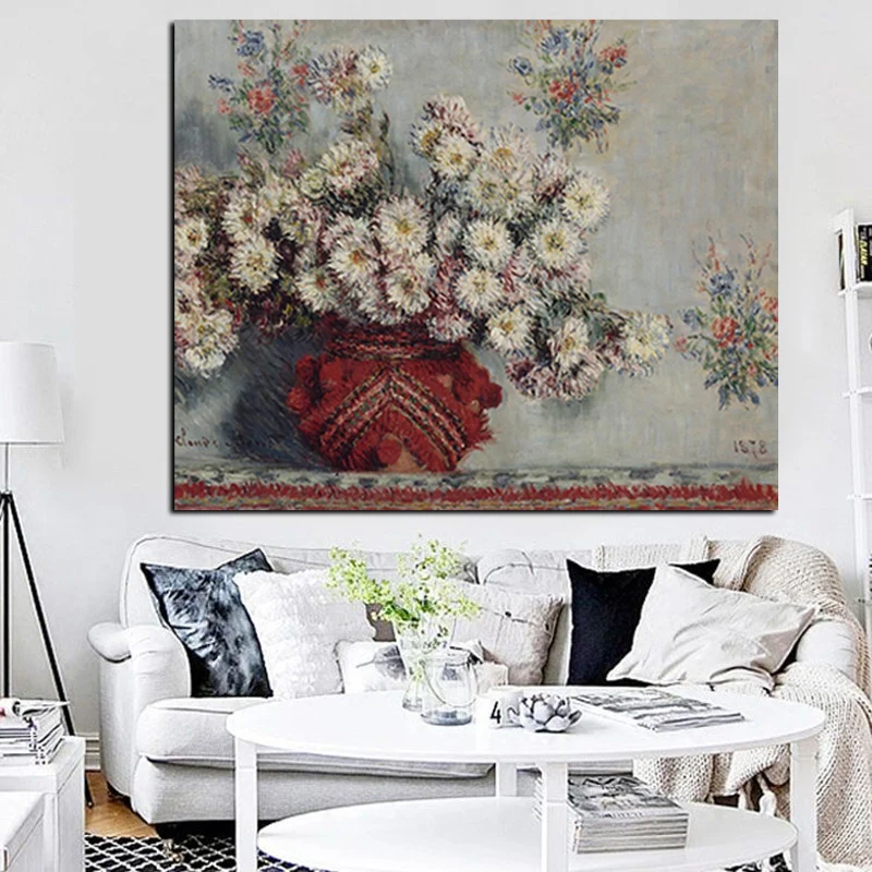 HD Print Still Life Wild Chrysanthemums Vase Monet Floral Oil Painting on Canvas Art Sofa Wall Picture for Living Room Cuadros (4)