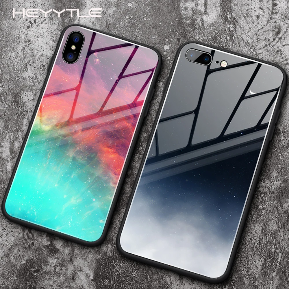 

Heyytle Tempered Glass Case For iPhone 8 7 Plus 6 6s Space Cases Soft Edge Cover For iPhone XS Max XR X Starry Sky Painted Coque