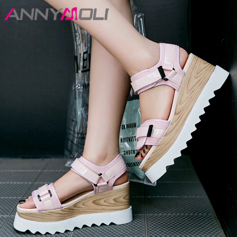 

ANNYMOLI Women Shoes Summer Sandals Cow Suede Platform Wedges High Heels Shoes Fashion Open Toe Sandals Female Black Size 33-40