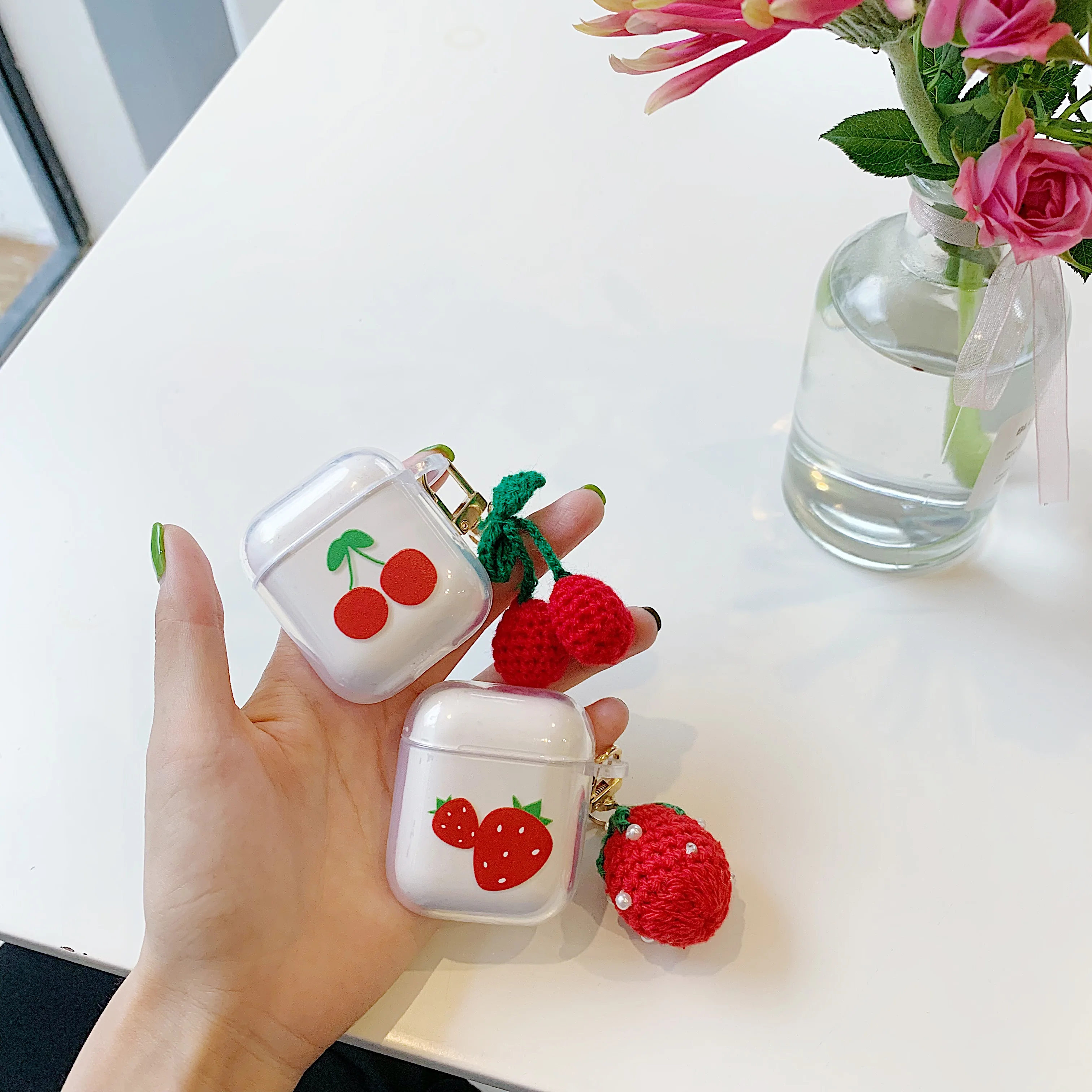 

Cute Cherry Strawberry Pendant Decorative Wireless Bluetooth Earphone Case For Apple AirPods Silicone Charging lucency
