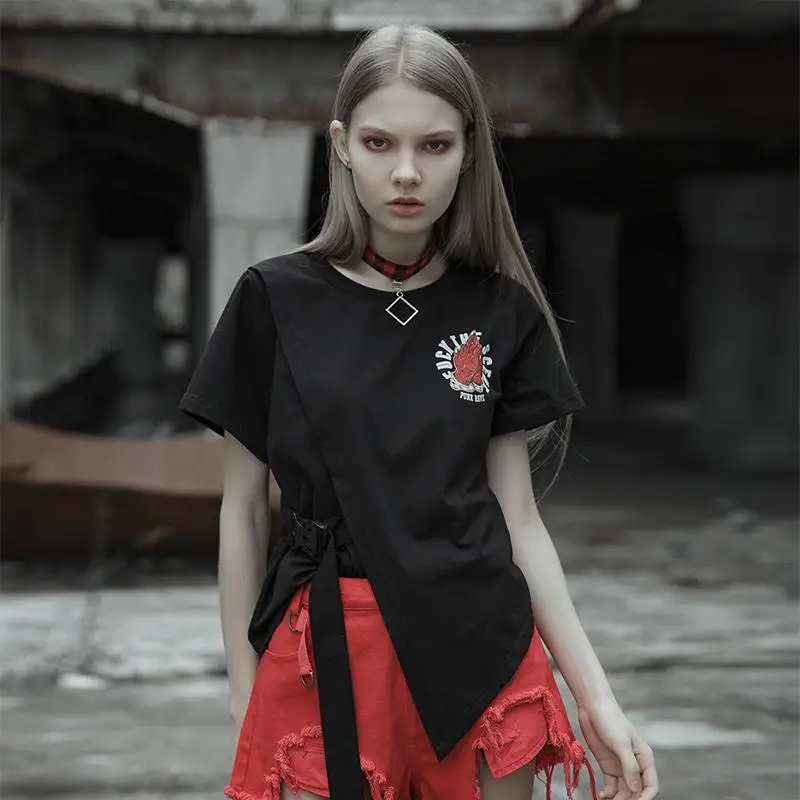 

Punk Rave Women Gothic T-shirt Japanese Irregular Short Sleeve Streetwear Hip Hop Personality Daily T-Shirt