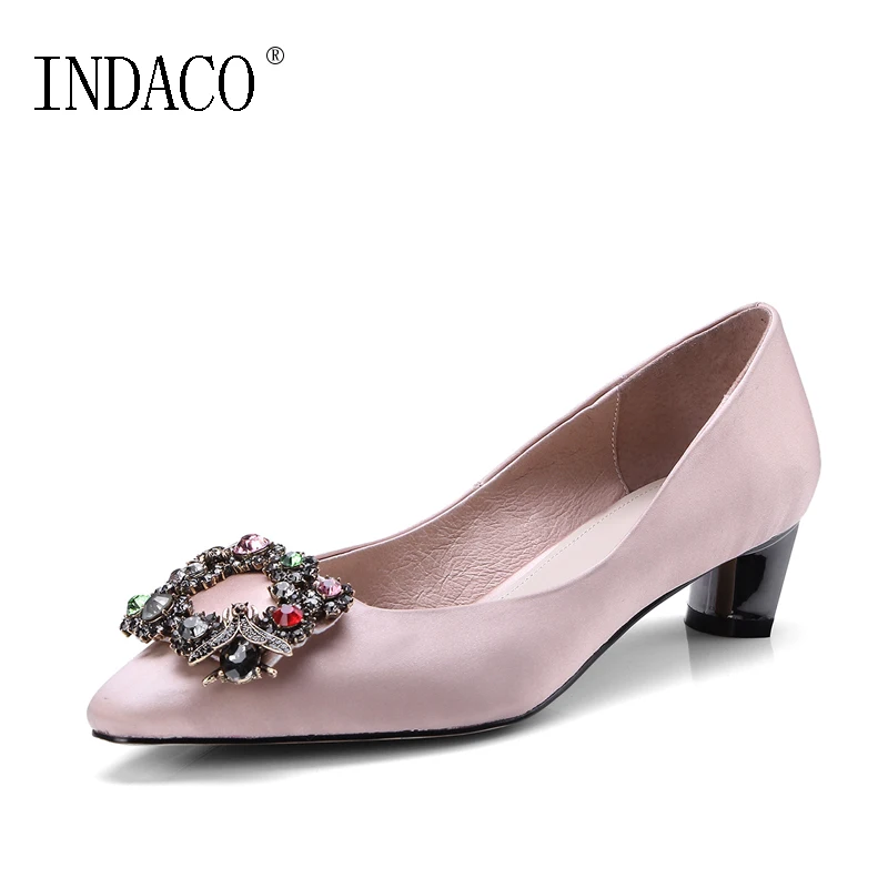 2018 New Comfortable Pink Black Satin Leather Pumps Low Heel Shoes Rhinestone Pointed Toe Wedding Shoes 4cm INDACO