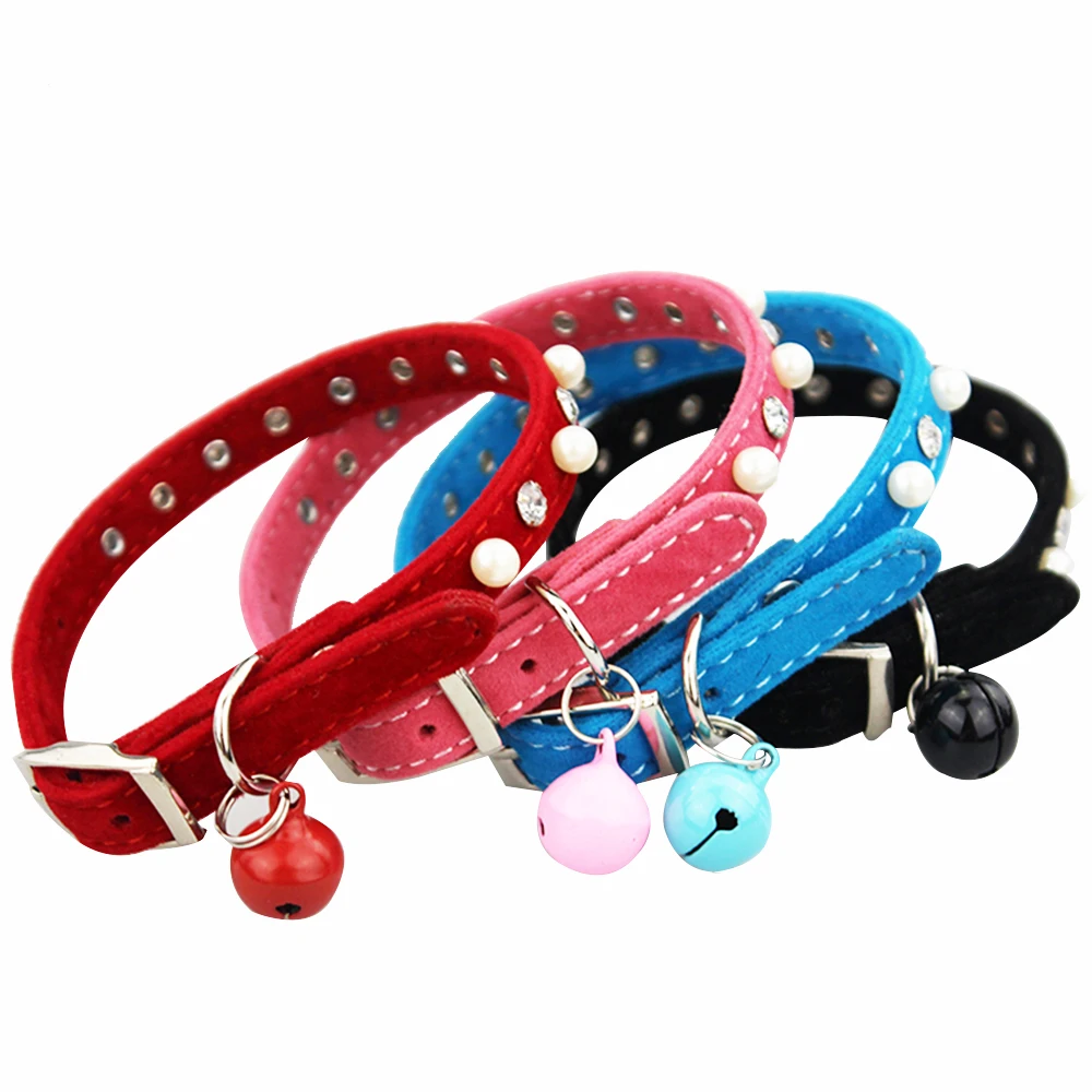 

Cat Small Dog Personality Collar with Bell Diamond Pearl Retractable Necklace Flokcing Collar for Cat Puppy Pet Supply