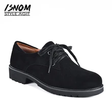 ISNOM Kid/замшевые туфли на плоской подошве со шнуровкой; женская обувь с круглым носком; модная обувь для нейтрального стиля одежды; женская обувь; Новинка года; Цвет Черный