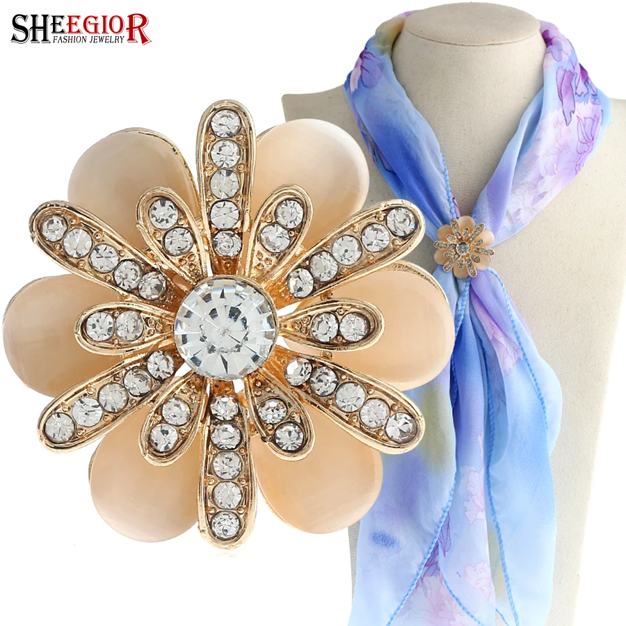 SHEEGIOR Romantic Gold Scarf Buckle Brooches for Women Lovely Opal