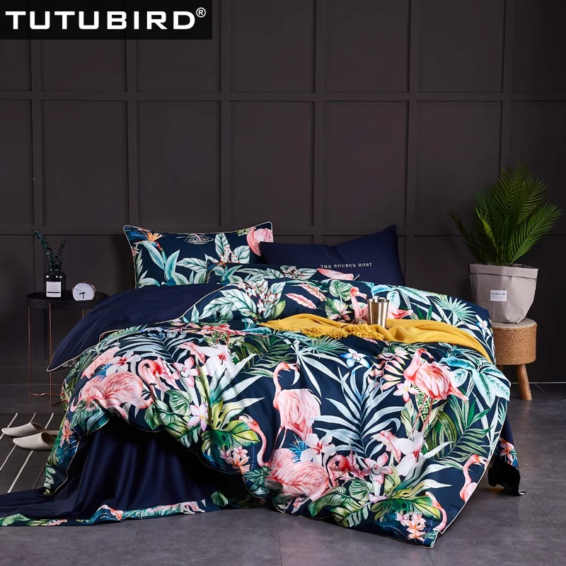 Queen King Size Egyptian Cotton Satin Bedding Set Flamingos Bird